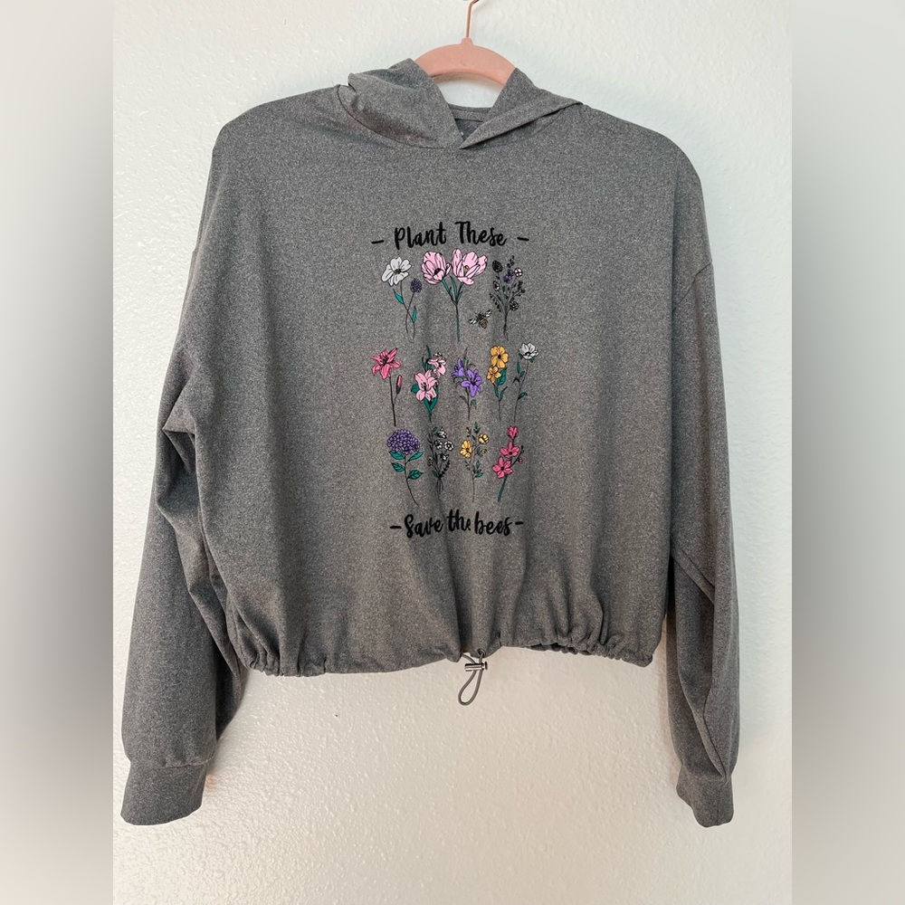 Charlotte Russe Grey Long Sleeve Hoodie Embroidered Sz S Save the Bees